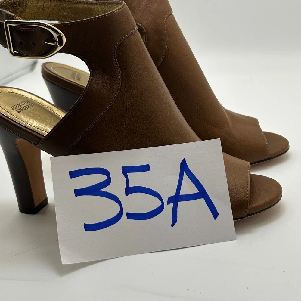 New Johnston Murphy Cassie Buckle Peep Toe Heel Booties 9.5‎ Brown Leather Ankle